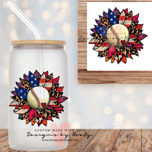 Baseball, Flower, American Flag Glass Cup