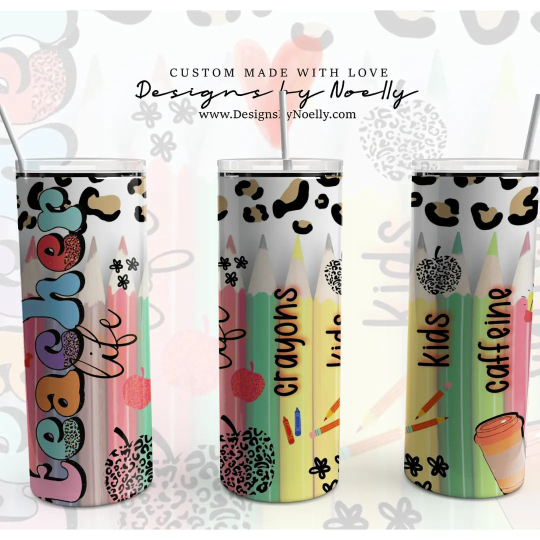 Teacher Life, crayons, kids, caffeine 20oz Tumbler ,Animal Print