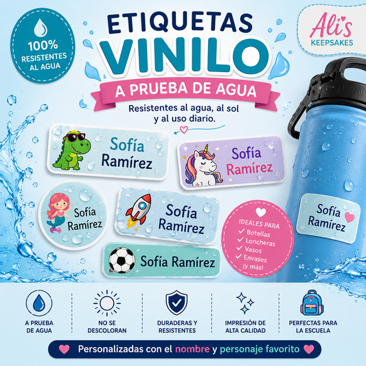 Etiquetas Escolares Personalizadas - Vinilo Resistente al Agua.