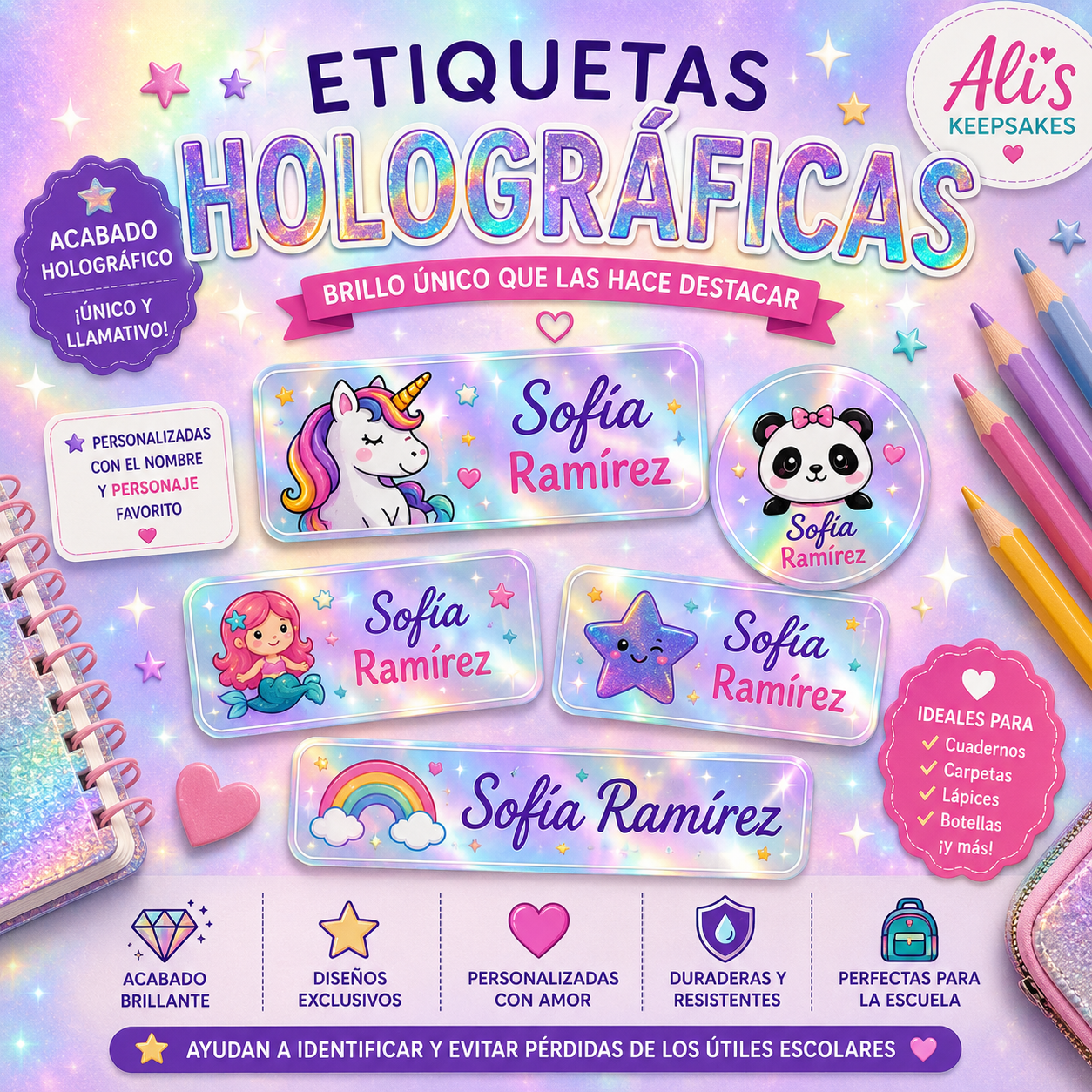 Etiquetas Escolares Personalizadas - Holográfico