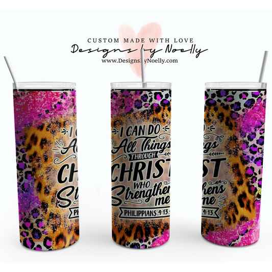Animal Print, "I can Do All Things Through Christ", Glitter,  Inspirational 20oz Tumbler